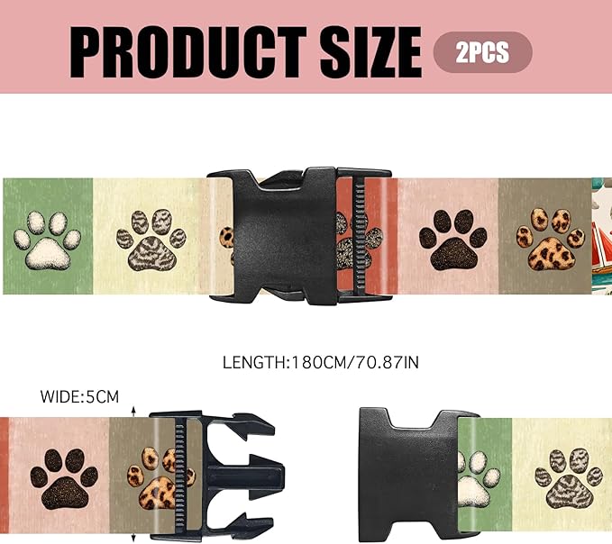 Nuxovilar Luggage Straps of 2 Set Colorful Paw Prints Pattern, 1.96x90.5 inches - Luggage Straps for Suitcases, Ideal for Pet Lovers, Travel, Daily Use