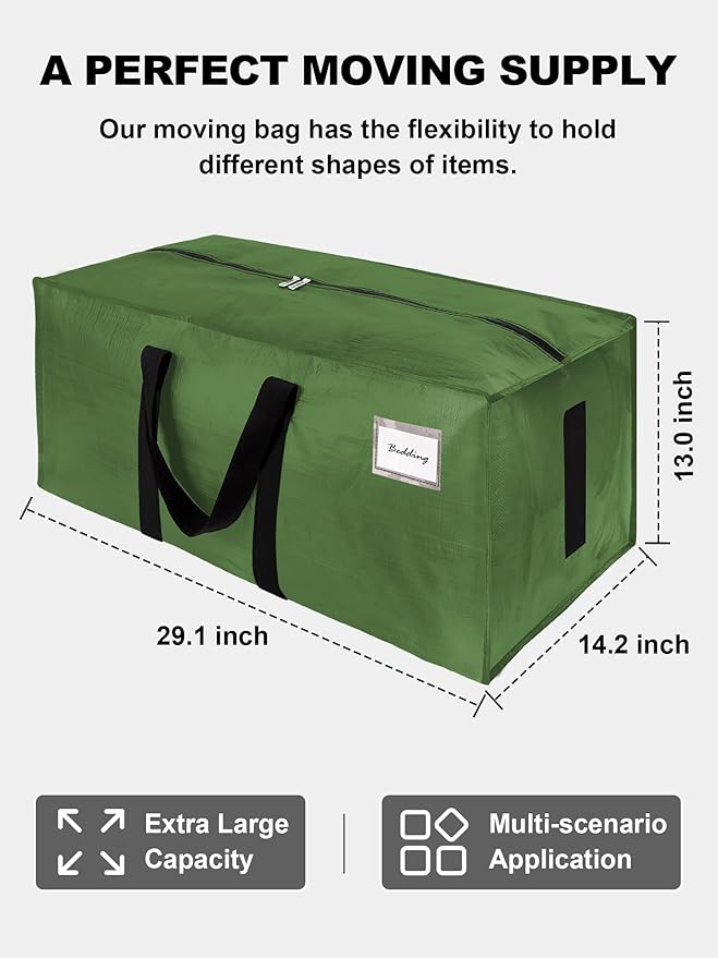 HOMESURE Supports 200lbs Heavy Duty Moving Bags - Strong Zipper & Wrap-Around Handles - Water-Resistant Storage Totes, Durable Alternative to Moving Boxes - 4 Pack - Olive Green