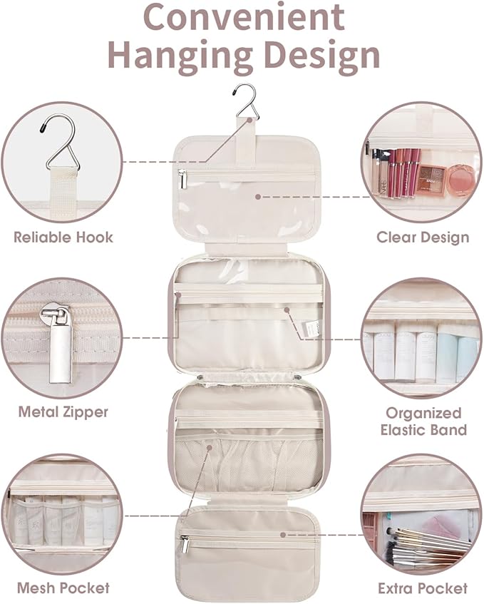 Narwey Travel Toiletry Bag for Women Large Hanging Makeup Bag Organizer Toiletries Bag for Full Size Essentials Accessories Cosmetics (Dusty Rose (Large))