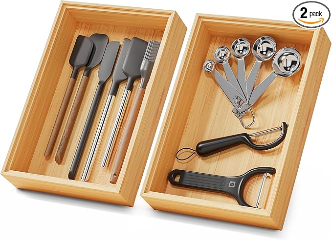 Bamboo Kitchen Drawer Organizer Boxes – 9" x 6" Stackable Wood Silverware Utensil Tray for Drawers Bins, Cutlery & Flatware Storage – Wooden Organizers Set of 2 for Junk Drawer, Bathroom, RV