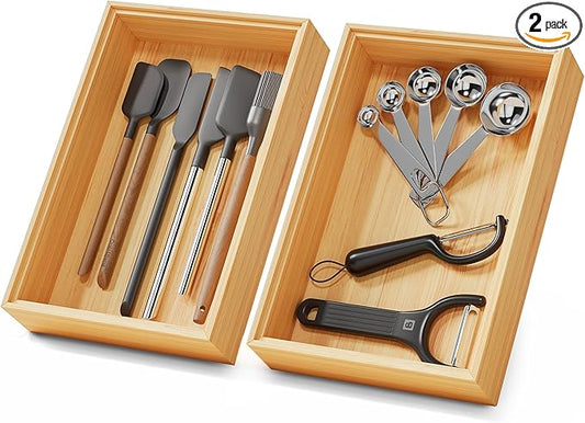Bamboo Kitchen Drawer Organizer Boxes – 9" x 6" Stackable Wood Silverware Utensil Tray for Drawers Bins, Cutlery & Flatware Storage – Wooden Organizers Set of 2 for Junk Drawer, Bathroom, RV