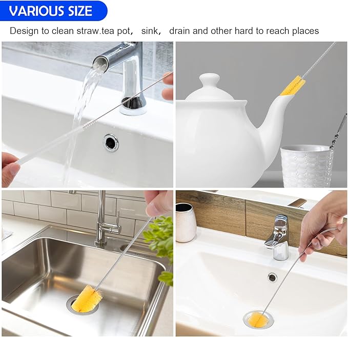 12pcs Flexible Drain Brush 78 Inch Pipe Cleaning Brush 63 Inch Drain Cleaner Brush 59 Inch Hose Brush and 3 Pcs 9 Inch Straw Cleaner Brush for Straws Kitchen Sink Plumbing Shower Drain Tube (Yellow)