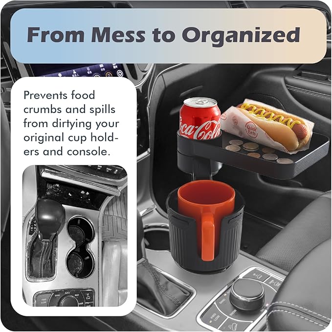 OtterVerz 11 Upgraded Car Cup Holder Tray, 3 in 1 Car Cup Holder Expander Adapter, 360° Rotating Detachable 10.5" Car Food Tray Table for Eating, Road Trip Essentials, Fits Yeti/Hydro Flask 16–46oz