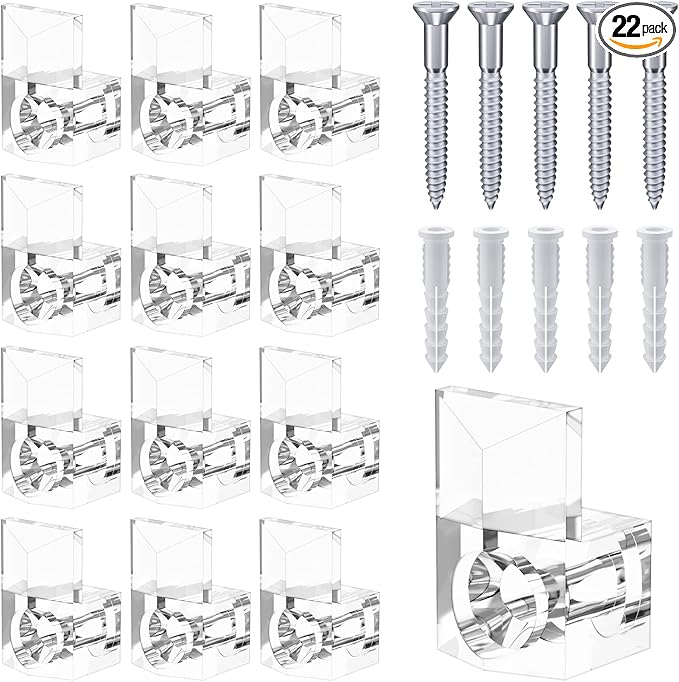 22 Sets of Mirror Holder Clips Kit,3/8 Crystal Clear Plastic Mirror Clip,Mirror Holder Clips Glass Retainer Clips Kit,Mirror Hanging kit with Screws and Fixed Mirror Box Door