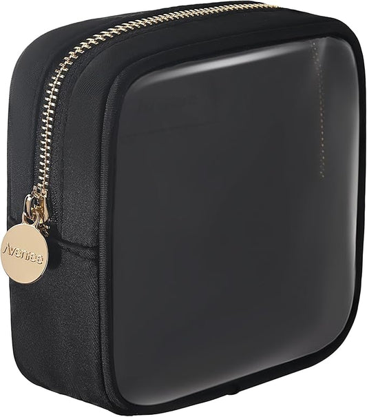 Aveniee Small Clear Makeup Bag, Mini Makeup Bag for Purse Organizer, Cosmetic Bag Travel Zipper Pouch for Women, Cute Car Accessories for Skincare Lipstick Essentials-Black