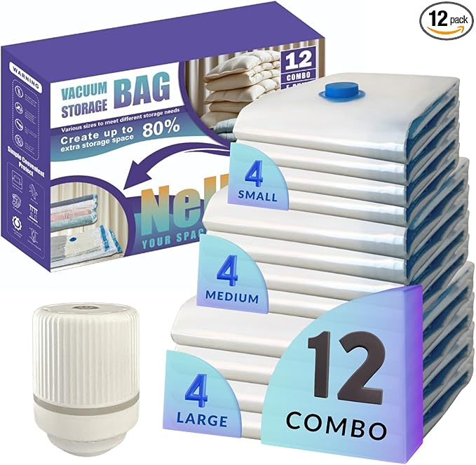 12 Pack Vacuum Storage Bags with Electric Pump, Compression Space Saver for Comforters, Bedding, Blanket Storage, Vacuum Seal Bags for Clothing, Luggage and Closet Organizer,