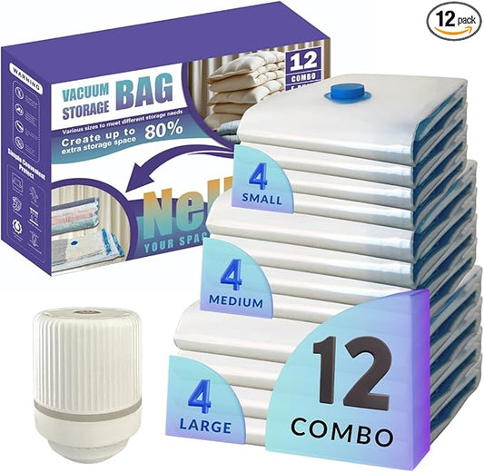 12 Pack Vacuum Storage Bags with Electric Pump, Compression Space Saver for Comforters, Bedding, Blanket Storage, Vacuum Seal Bags for Clothing, Luggage and Closet Organizer,