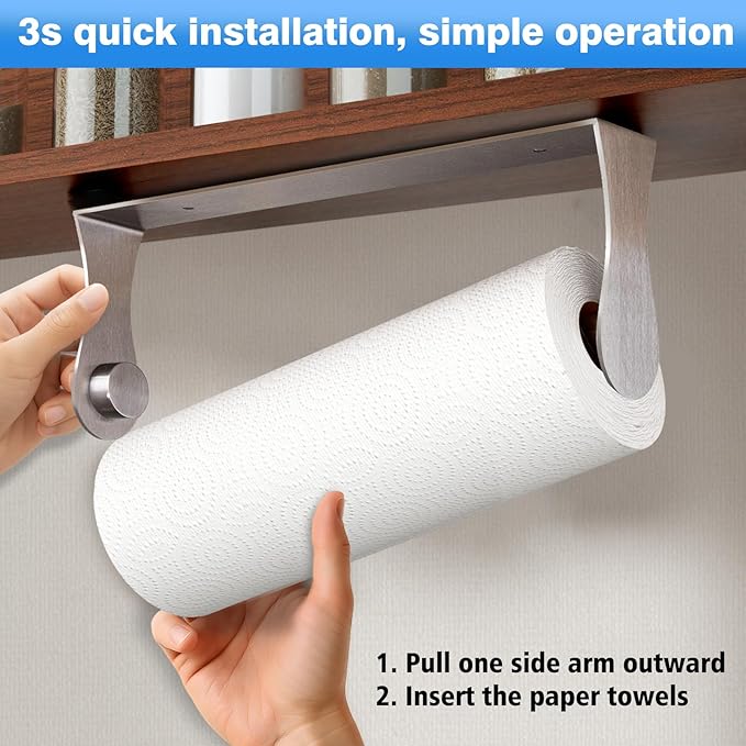 Paper Towel Holder Under Cabinet, Stainless Steel, Adhesive or Screw Mount, Fits Standard & Mega Rolls, Wall Mount Rack for Kitchen, Bathroom, RV, Silver