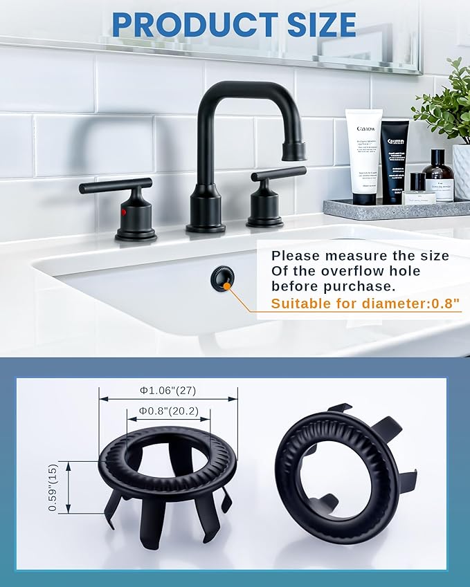 2 Pack Sink Overflow Ring, WOWOW Brass Sink Trim Overflow Cover Hole Insert Cap, Vanity Sink Trim Rings for Bathroom Kitchen Basin (Matte Black)