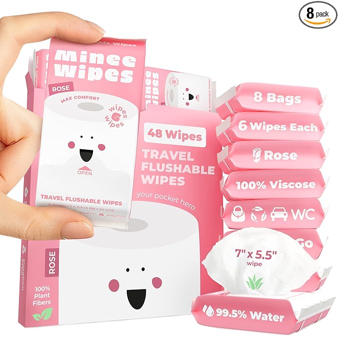Impossibly Compact Travel Flushable Wipes - 99.5% Water and Aloe - Safe for Sensitive Skin - Travel Essentials for Adults & Kids, Rose, 8 Pack 48 Wipes