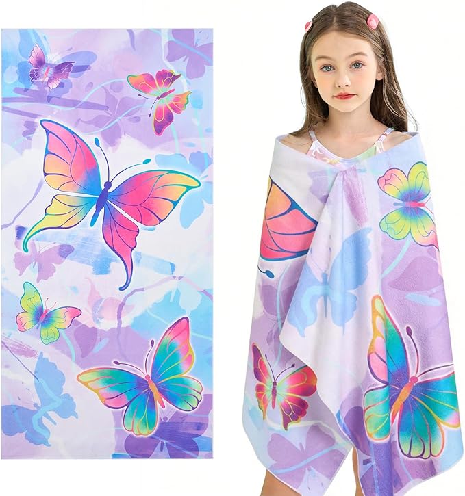 WERNNSAI Beach Towel for Kids, 30”x 60”Butterfly Quick Dry Sand Free Kids Beach Towel for Girls Personalized Beach Towel Pool Camping Travel Towel Soft Beach Blanket Bath Shower Towel