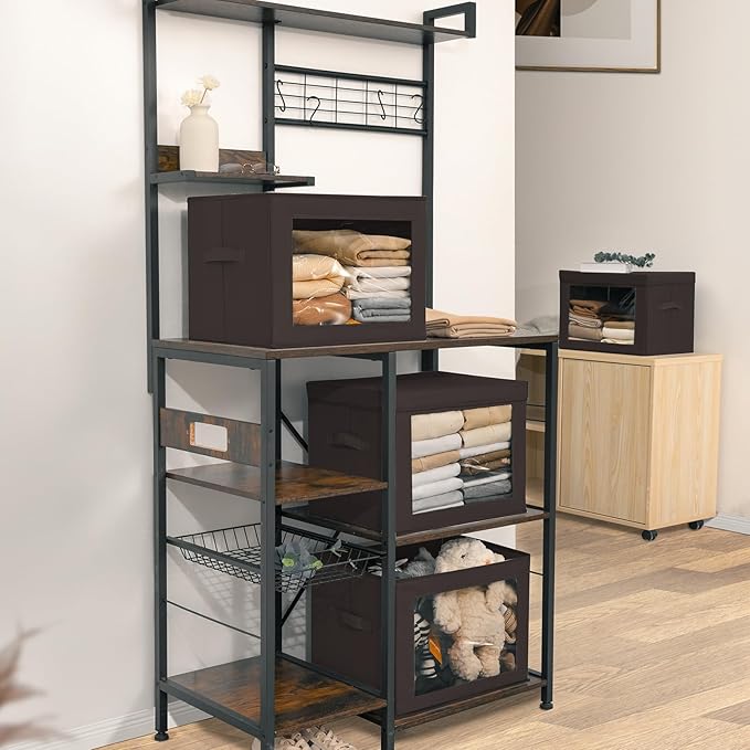 Stackable Storage Bins with Lids - Large Storage Box with Lids, Foldable Closet Boxes for Organizing, Wardrobe Clothes Organizer with Window, Cubes Bins for Living Room, 6 Pack, Brown