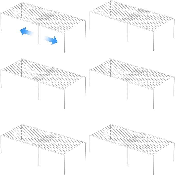 Kitchen Cabinet Expandable Shelf Organizers Set of 6, Adjustable Metal Wire Pantry Storage Shelves, Plate Dish Organizer Rack for Cabinets, Cupboard, Counter, Freezer, Countertop, White