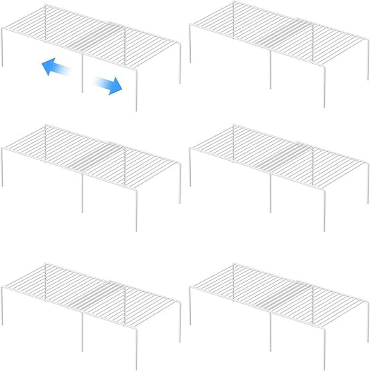 Kitchen Cabinet Expandable Shelf Organizers Set of 6, Adjustable Metal Wire Pantry Storage Shelves, Plate Dish Organizer Rack for Cabinets, Cupboard, Counter, Freezer, Countertop, White