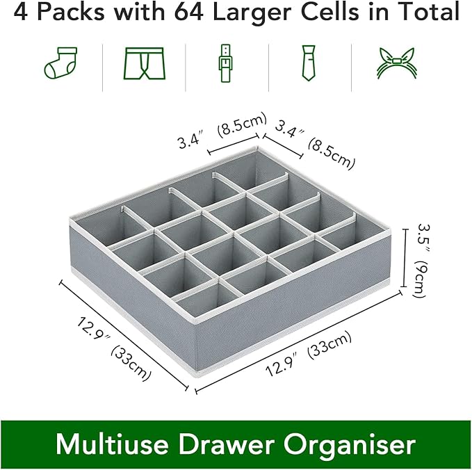 Joyoldelf Sock Drawer Organizer Divider Underwear Organizer 16-cell Fabric Dresser Drawer Organizers Storage Boxes for Socks Lingerie, Handkerchiefs, Ties 4 Pack (Grey)