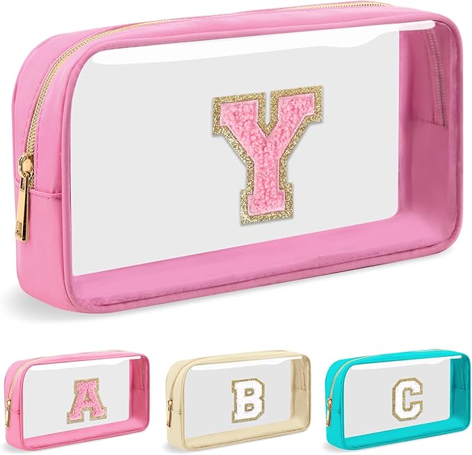 Personalized Initial Letter Clear Makeup Bag, Preppy Small Nylon&PVC Cosmetic Zipper Bag with Chenille Letter, Portable Beach Travel Skincare Toiletry Bag, Trendy Monogram Gift for Teen Girls Women, Y