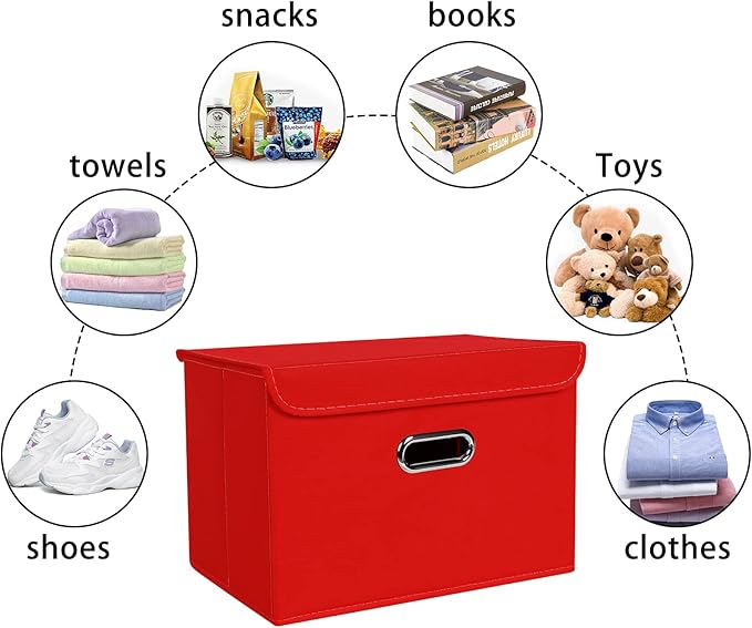 Linen Fabric Foldable Collapsible Storage Cube Bin Organizer Basket Fabric Storage Bins with Lid, Leather Handles, Removable Divider for Home, Closet, Red 3Pcs