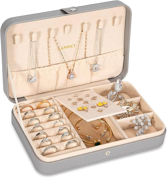 LANDICI Small Jewelry Box for Women Girls, PU Leather Travel Jewelry Case, Portable Jewelry Organizer Storage Holder Display for Ring Earrings Necklace Bracelet Bangle Men Kids Gift, Grey