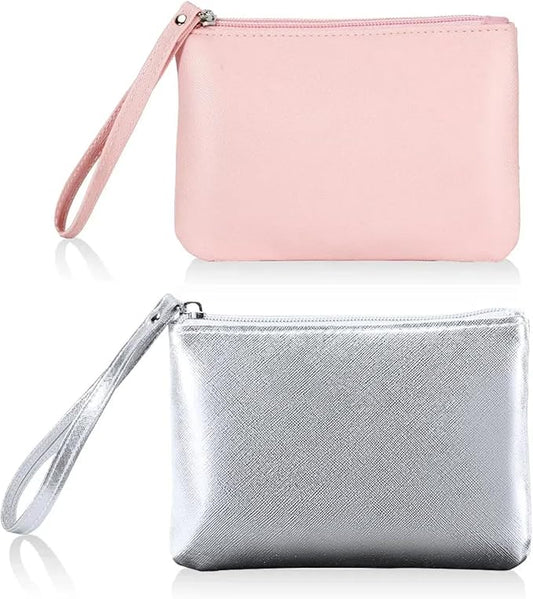 2 Pack Small Zipper Pouch Mini Makeup Bag for Purse Lipstick Cosmetic Travel Make Up Organizer for Women Essentials, Car Change Coin Holder 4.5 x 6.5 Clutch Stadium Approved Wristlet, Pink Silver