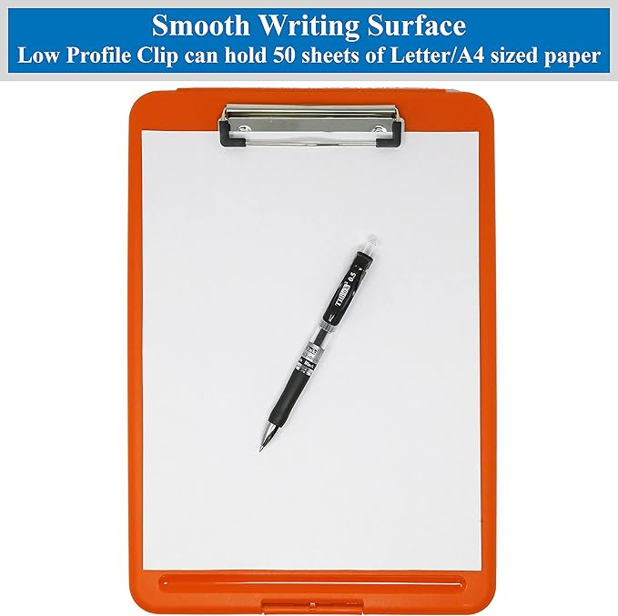 Think2Master [3 Pack] Orange Plastic Storage Clipboard. | 25% Heavier & Sturdier| Heavy Duty and Won’t Flex Like Other Brands (Compare The Weight). Storage Compartment Holds 150 Letter Sized Paper.