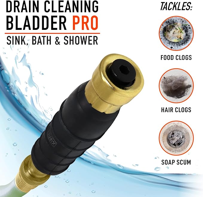 DrainX Hydro Pressure Drain Cleaning Bladder Pro - Fits 1.5" to 3" Drain Pipes - Unclogs Stubborn Blockages in Bathroom Sinks, Shower Drains, Bathtubs, Plumbing Pipes