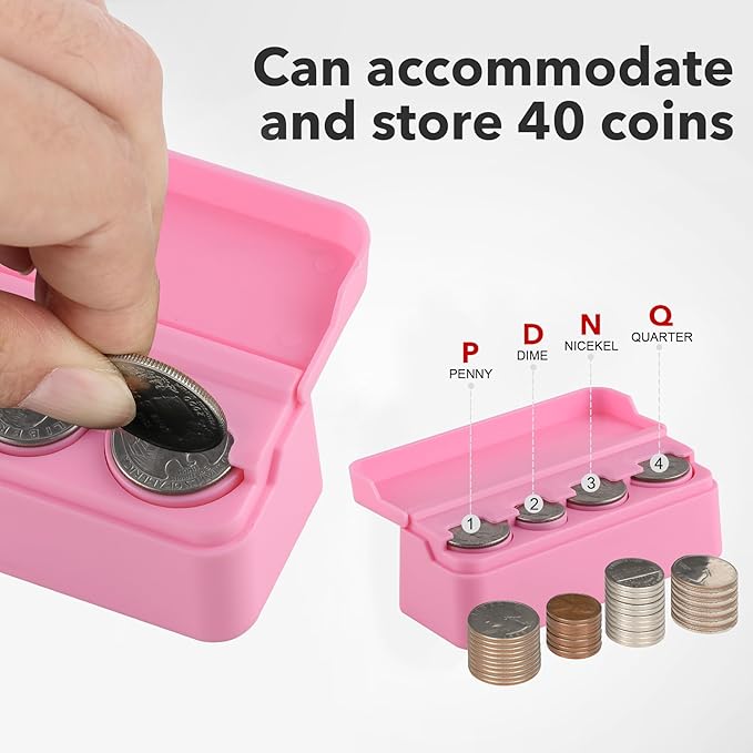 SINGARO Coin Holder for Car, Coin Change Organizer Compatible with Coins of Different Sizes, Dash-Mounted Holder Suitable for Most Cars, Trucks(Pink)