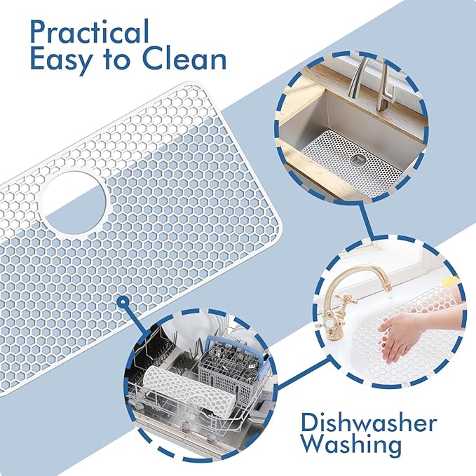 Silicone Sink Protectors for Kitchen Sink - 26"x 14" Kitchen Protector Accessory, Non-Slip Heat Resistan Mat for Bottom of Farmhouse Stainless Steel Porcelain (Rear Drain Hole,White)