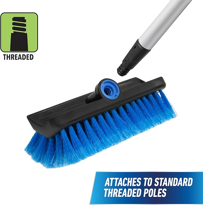 Unger Professional Lock-On HydroPower 10” Bi-Level Soft Wash Brush, Compatible with Waterflow Poles, Outdoor Cleaning Supplies, Great for Patios, Siding, Windows, Cars, and Boats