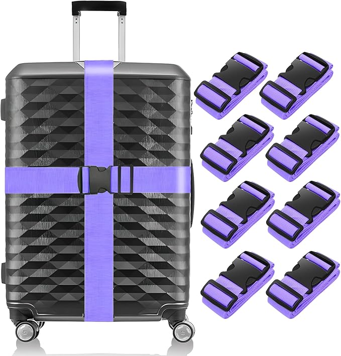 BILIONE 8 Pcs Luggage Straps, 79" Long Belts Keep Suitcase Secure While Traveling, TSA Approved Add a Bag Premium Accessory for Travel Bag Closure (8 Pcs Purple)