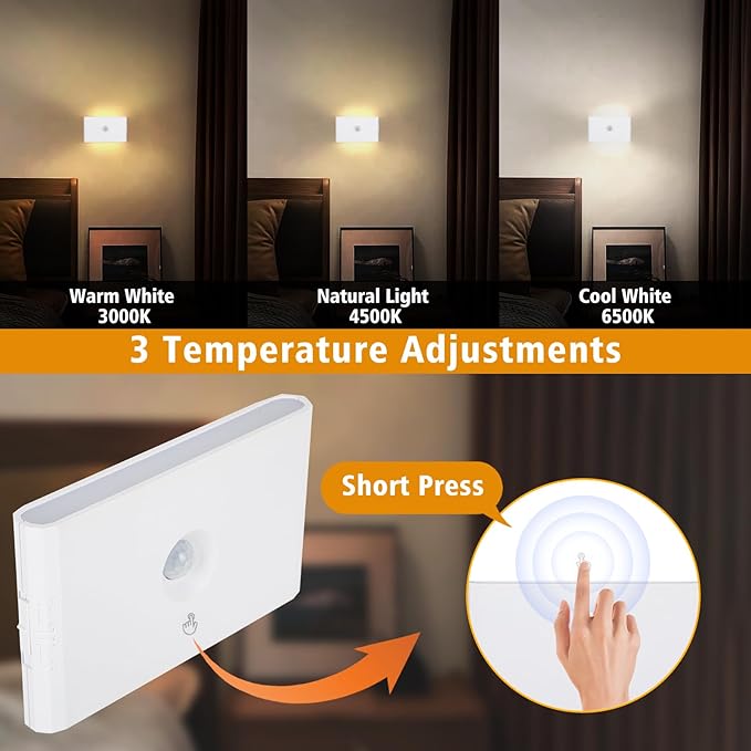 2 Pack Night Light, Motion Sensor Night Light Rechargeable Day Mode & Night Mode 2700K-6500K White Dimmbale for Bedroom Kitchen Hallway Stairs