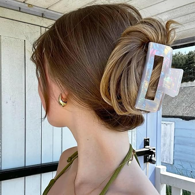 3PCS Large Hair Claw Clips for Thick Hair - 4 Inch Acrylic Strong Hold Non-Slip Barrettes Hair Clamps for Women - Big Rectangle Hair Clips for Curly Hair, Updo, Bun, Ponytail (white&blue&pink）