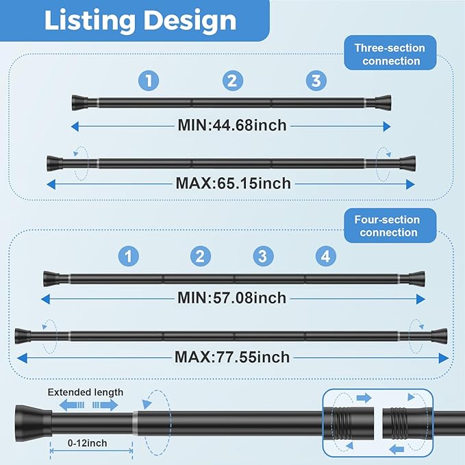 Tension Curtain Rod 45-77 Inch 2Pack Black Shower Tension Rod Adjustable Curtain Rods No Drilling Shower Curtain Rods for Bathroom,Doorway,Closets,Windows