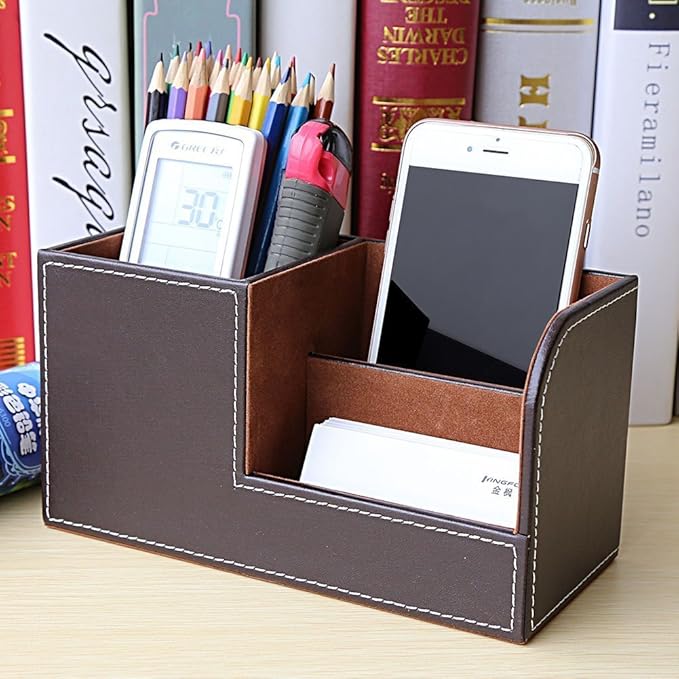 KINGFOM Desk Organizer Office Supplies Caddy Pu Leather Multi-function Storage Box Pen/Pencil,Cell phone, Business Name Cards Remote Control Holder Brown
