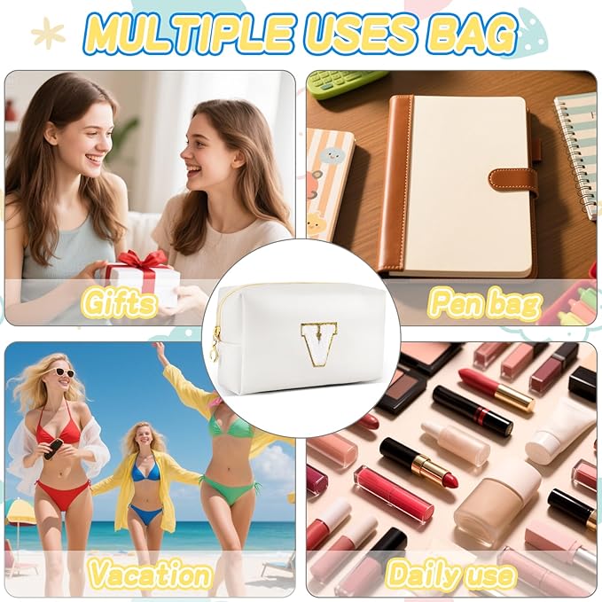 Gifts for Girls Initial Makeup Bag Personalized Cosmetic Bag with Zipper Cute Travel Toiletry Bags Waterproof PU Preppy Makeup Pouch Birthday Gift for Teen Girls Women(White V)