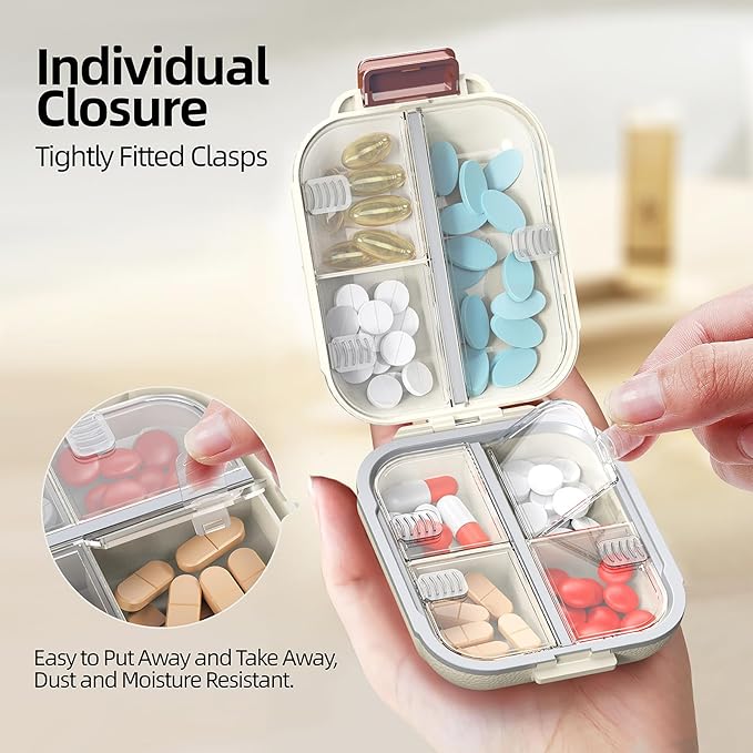 Portable Pill Organizer, Pill Box with 7 Compartments, Small Pill Case for Travel, Daily Medicine Pill Organizer with Air-Tight Lid, BPA-Free Material Pill Container (White)