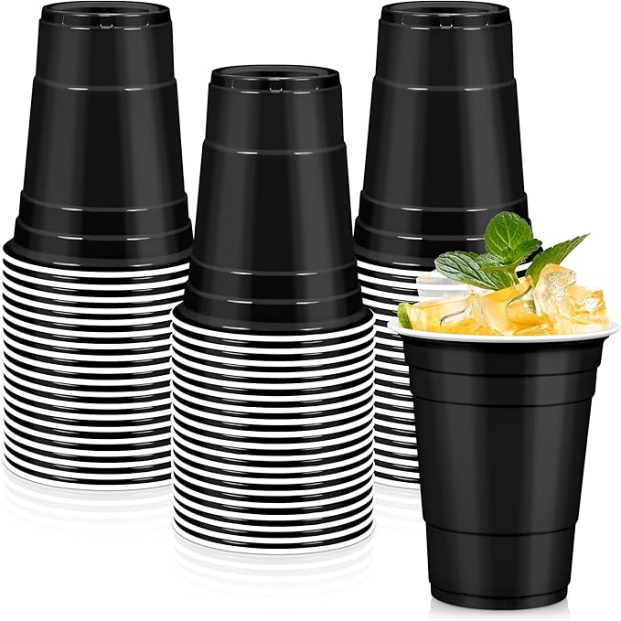 LANLISA 100 Black Plastic Cups, 16 oz Disposable Cups, Drinking Cups For Party Supplies