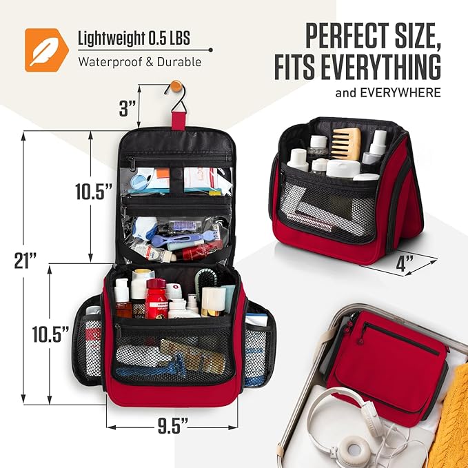 VENTURE 4TH Hanging Travel Toiletry Bag for Women & Men – Large Toiletry Organizer with 18 Compartments, Removable TSA Pouch, Travel Wash Bag for Toiletries, Makeup & Shaving Kit (Red)