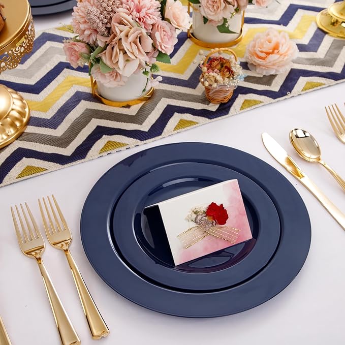 FLOWERCAT 60PCS Blue Plastic Plates - Heavy Duty Blue Disposable Plates (10.25" & 7.5") - Serves 30 Guests for Birthday Parties/Weddings/Presidents' Day/Memorial Day/Hanukkah
