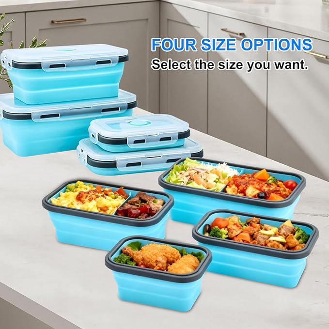 4 Set Collapsible Food Storage Containers Silicone Lunch Container with Lids Collapsible Lunch Box Food for Camper Leftovers Snacks Meals Dorm Kitchen Microwave Dishwasher and Freezer Gray