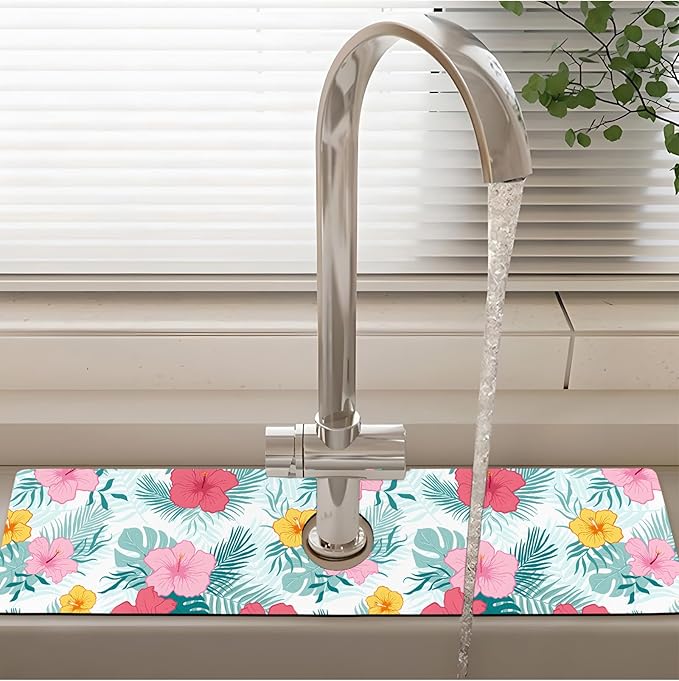 Patterned Sink Faucet Mat Kitchen Splash Guard Super Absorbent Drying Mat, Non-Slip Drain Pad for Kitchen Counter or Bathroom-24x5.5in