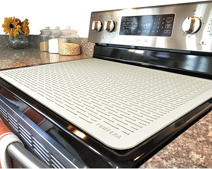 YUHFERA Stove Top Cover for Electric Stove - Silicone Stove Mat for Glass Top, Glass Cooktop Protector, XL Dish Drying Mats for Kitchen,Oven Covers for Electric Stove (Beige,28 x 20)