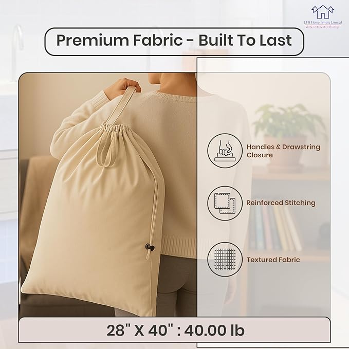 LFH Home Large Premium 100% Cotton Canvas Laundry Bag with Drawstring and Handles Heavy Duty, Multi-Use, and Washable for Home, Travel, College or Storage 28x40 (Pack of 6)-Natural
