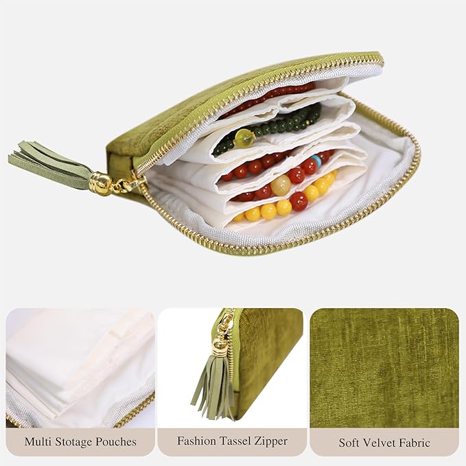 Stratalife Travel Jewelry Case Organizer for Women Portable Jewelry Box with Small Pouches for Gemstones Healing Crystal Bracelets, Necklace Bangles Storage, Pendants Ring Holder Zipper, Green Tassel