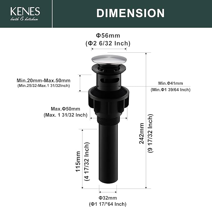 KENES Bathroom Sink Drain Stopper Pop up Sink Drain with Overflow, Brushed Nickel Lavatory Bathroom Vanity Sink Drain Assembly, Built-in Anti-Clogging Strainer