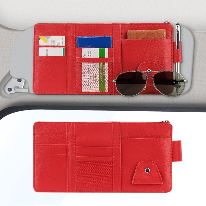 Car Sun Visor Organizer, Auto Interior Accessories Pocket Organizers, Personal Belonging Storage Pouch Organizer, Pouch Holder with Multi-Pocket Net Zippers (Red)