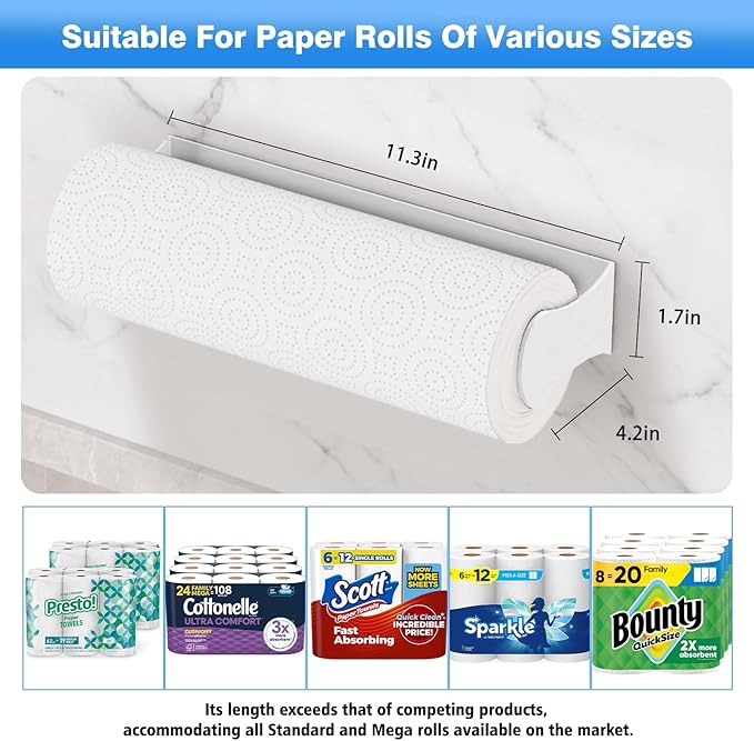 Paper Towel Holder Under Cabinet, Adhesive or Screw Mount, Fits Standard & Mega Rolls, Wall Mount Rack for Kitchen, Bathroom, RV, White