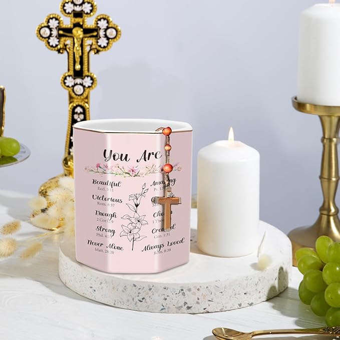 WAVEYU Pen Holder for Desk, Cute Ceramic Pencil Holder, Pen Cup Marker Holder Makeup Brush Holders, Desk Accessories & Workspace Organizers for Office, Home, Religious Style