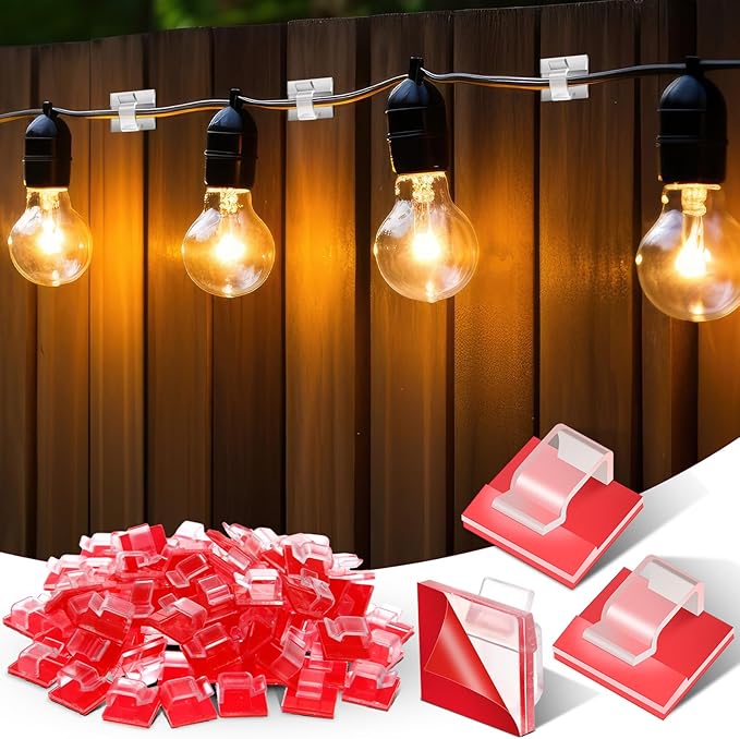 200 Pcs Outdoor Light Clips Clear Adhesive Cable Clips for Christmas Outdoor String Lights with Adhesive Strips Patio Decor for Wall Wire Holder for Hanging Cable Management Cord Organizer