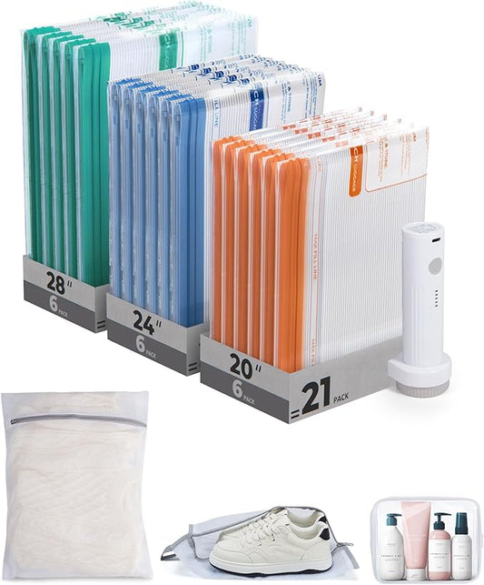 BAGSMART Vacuum Storage Bags for Travel with Rechargeable Air Pump, 21 Pack Portable Space Saver Bags for Travel & Home, Vacuum Compression Seal Bag for Clothing, Blanket, Duvets