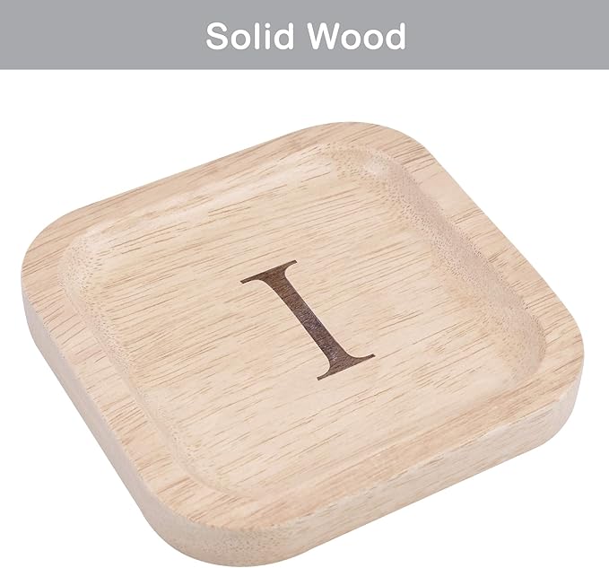 Wooden Personalized Letter Catchall Valet Tray Trinket Dish Jewelry Tray Key Bowl Decorative Plate Organizing Ring Earrings Necklaces Bracelet Watch Coins Wallet Holder (6"x6" Sq Natural "I")